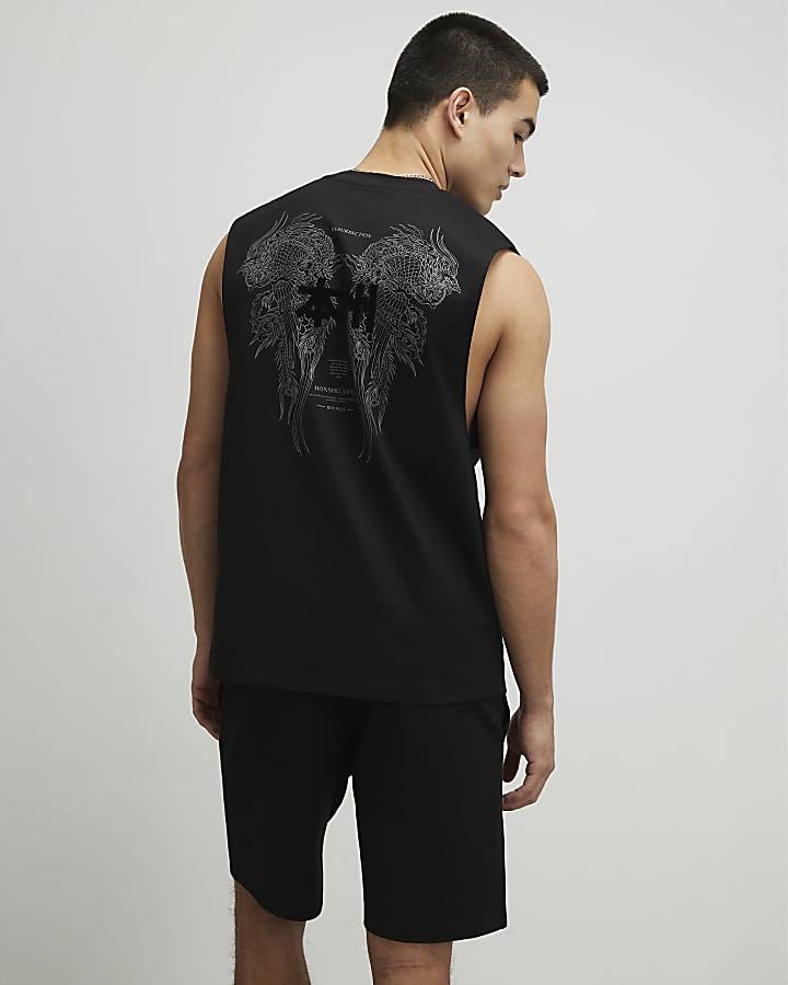 Black Oversized Fit Japanese Tank Top Set