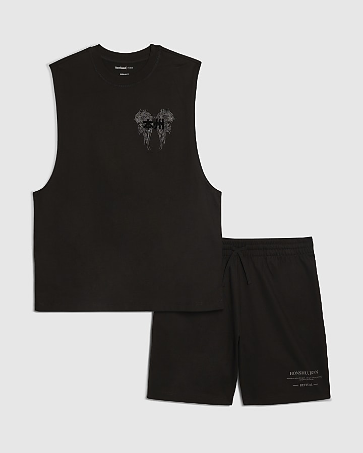 Black Oversized Fit Japanese Tank Top Set