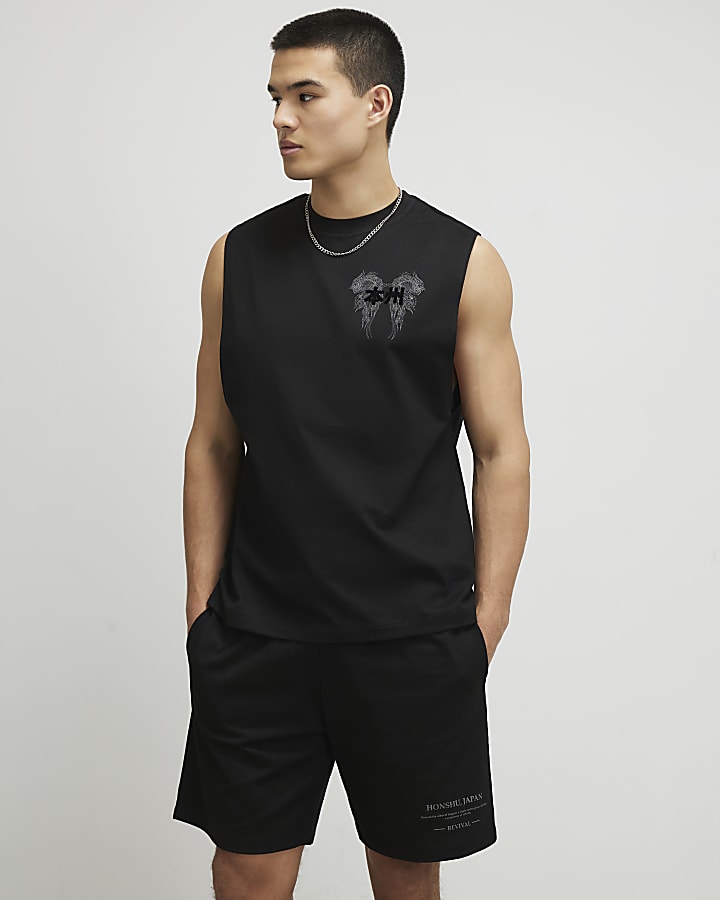 Black Oversized Fit Japanese Tank Top Set