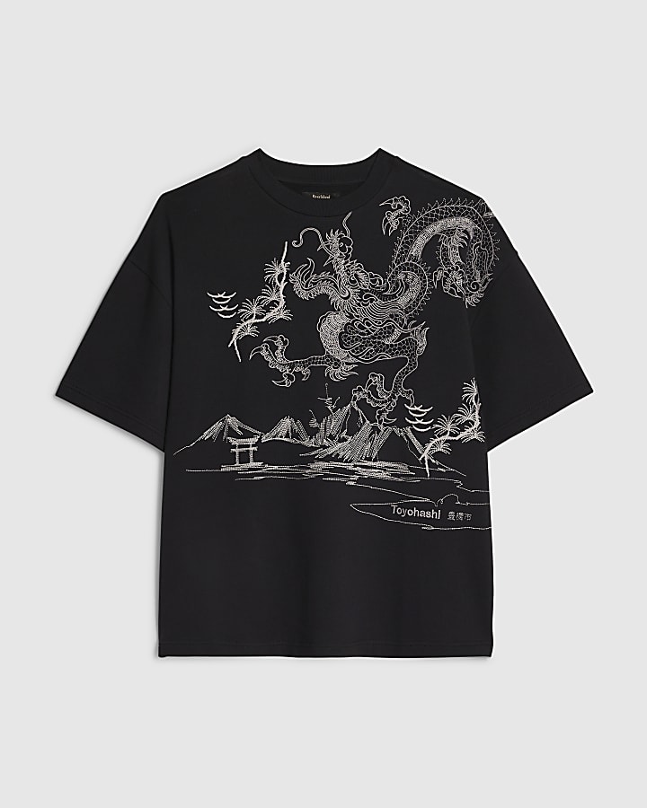 Black Oversized Japanese Dragon T-Shirt