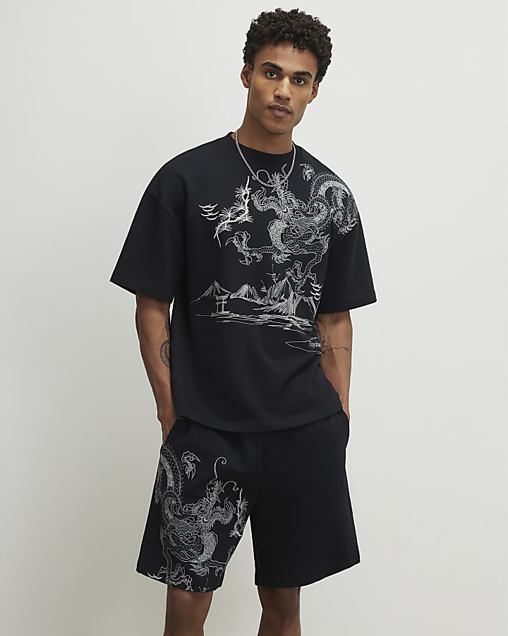 Black Oversized Japanese Dragon T-Shirt
