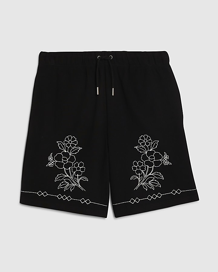 Black Regular Fit Floral Embroidered Shorts