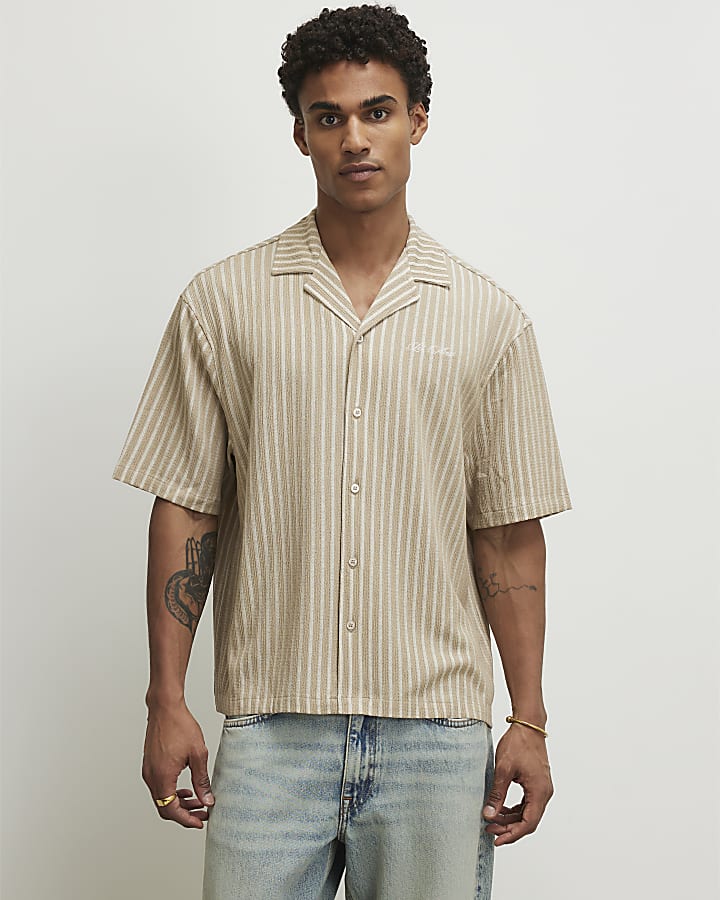 Beige Regular Fit Textured Stripe Shirt