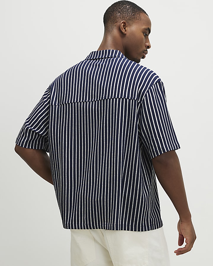 Navy Regular Fit Textured Stripe Shirt