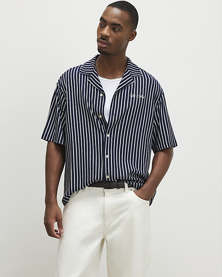 Navy Regular Fit Textured Stripe Shirt