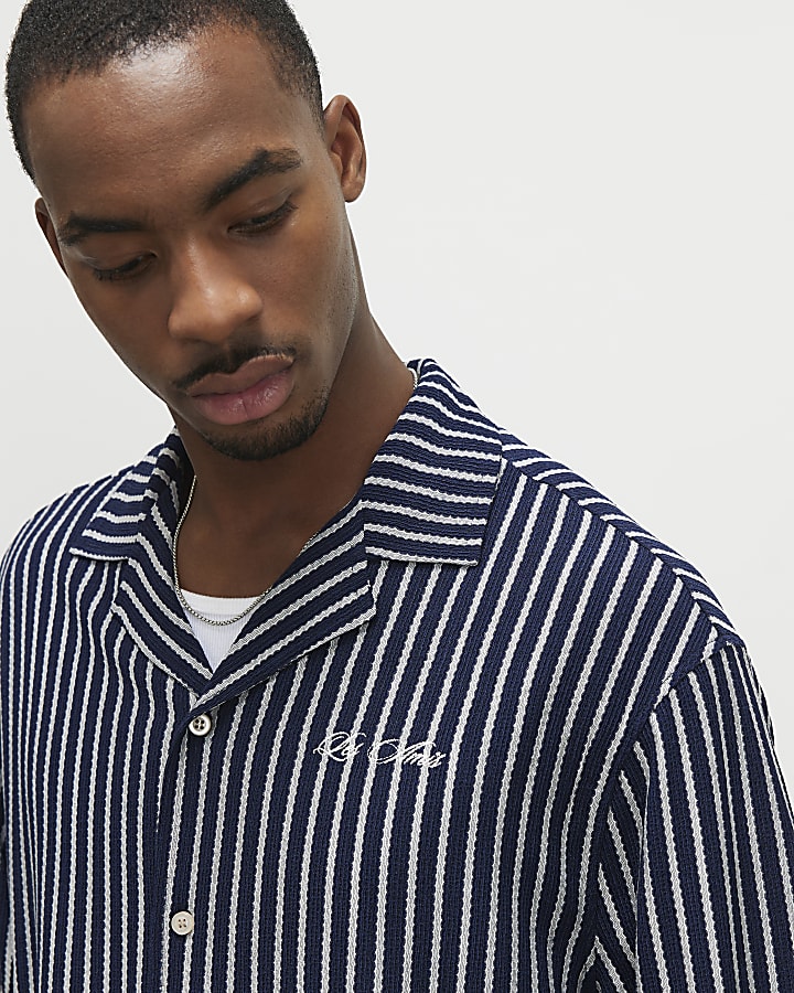 Navy Regular Fit Textured Stripe Shirt