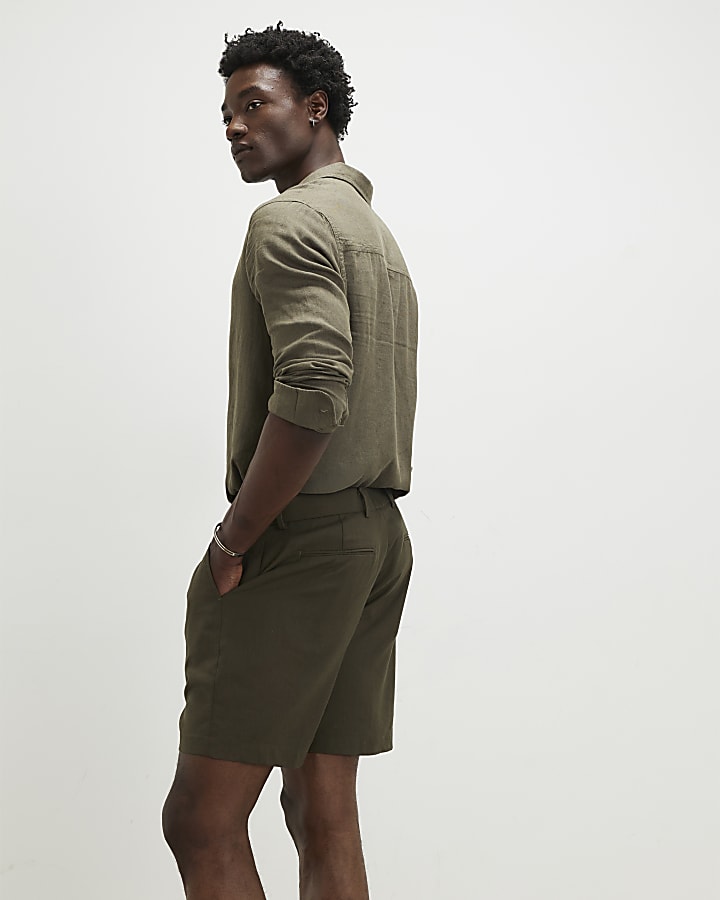 Khaki Regular Fit Linen Shorts
