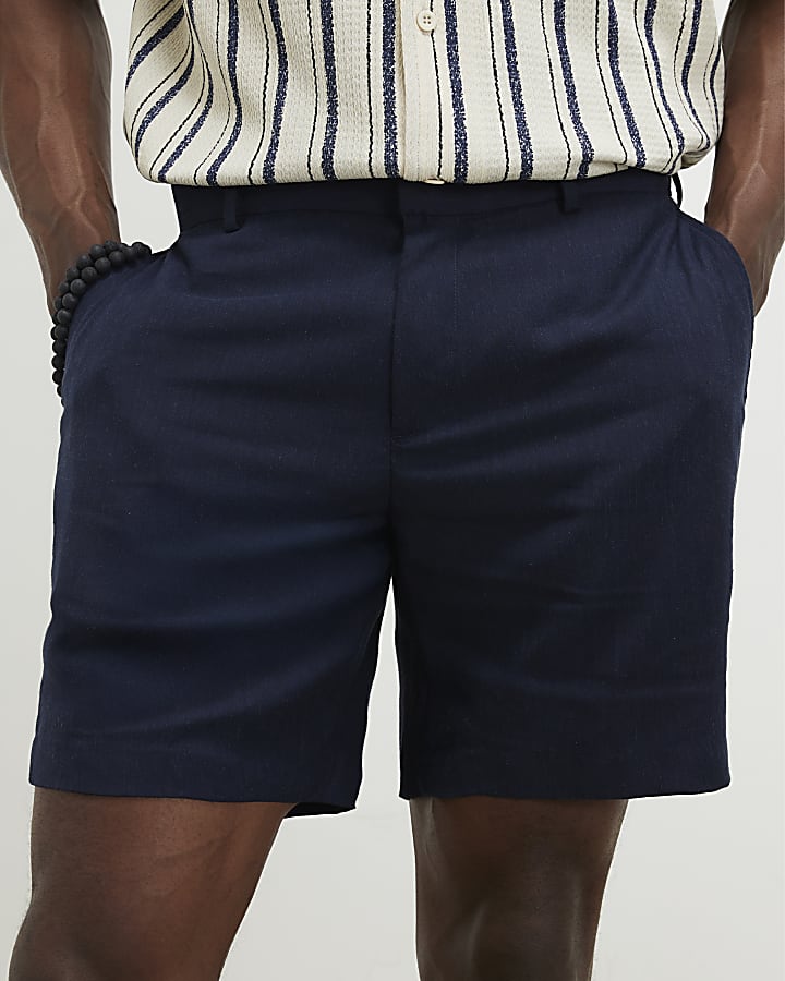Navy Regular Fit Linen Shorts