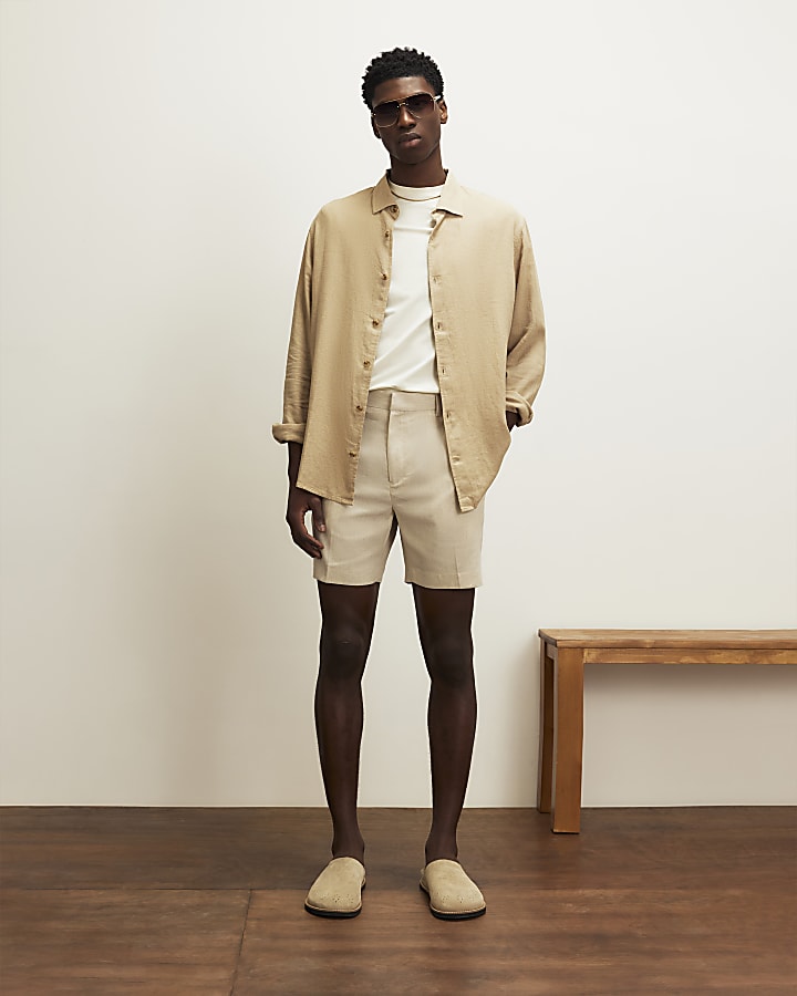 White Regular Fit Linen Blend Shorts