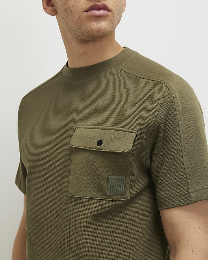 Khaki Slim Fit Textured Pocket T-Shirt