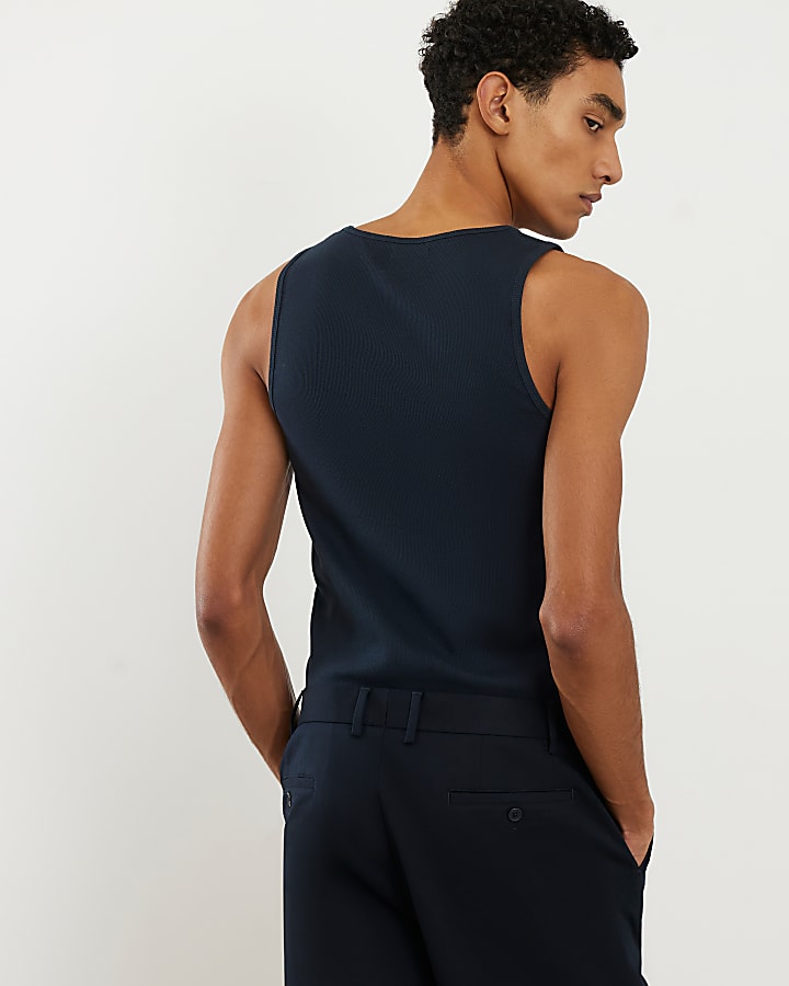 Navy Muscle Fit Ribbed Vest
