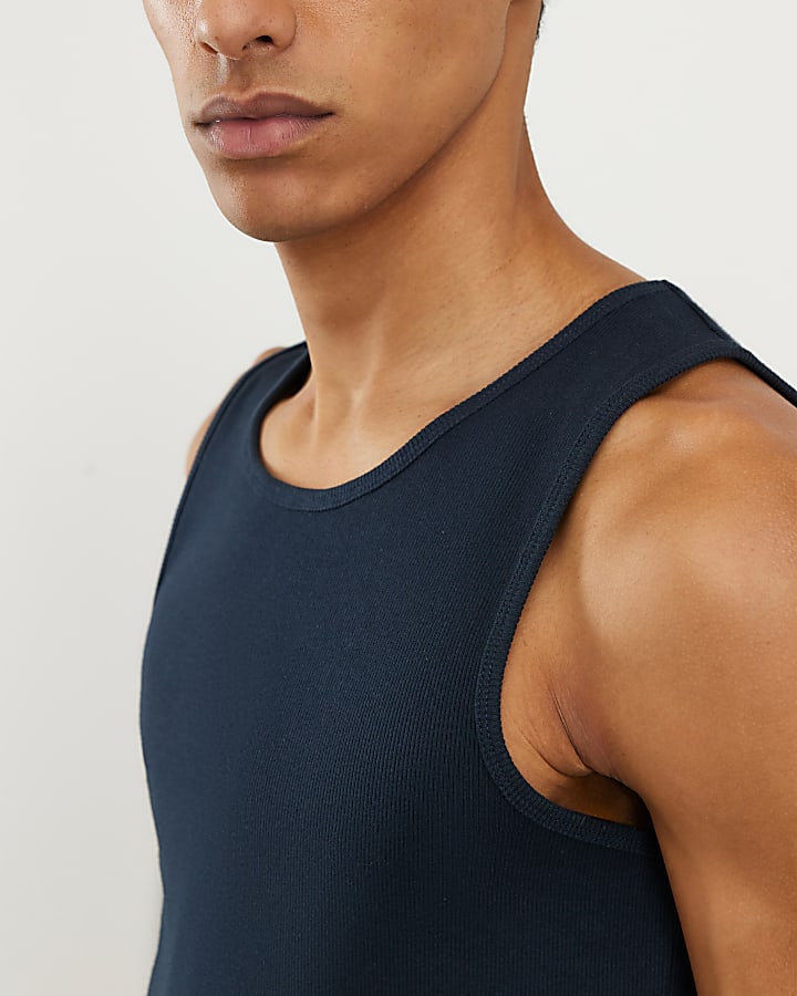 Navy Muscle Fit Ribbed Vest