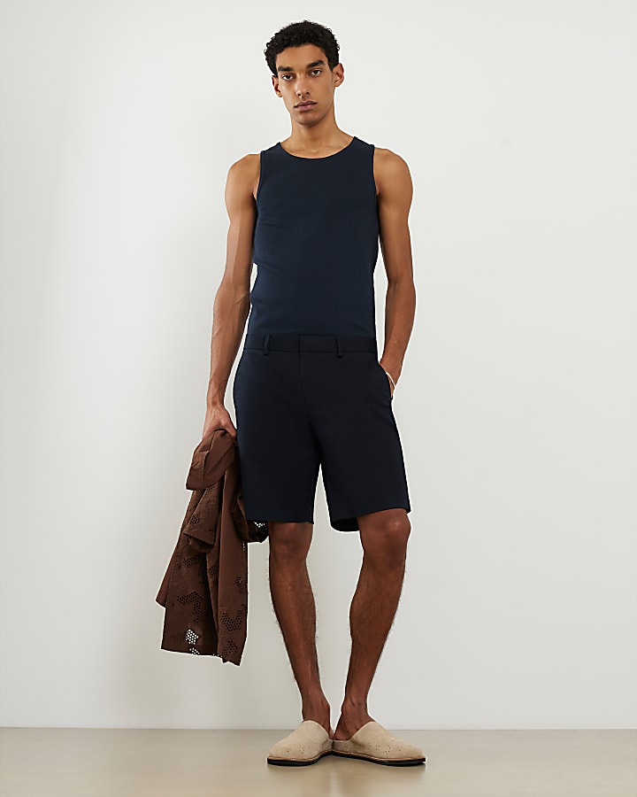 Navy Muscle Fit Ribbed Vest