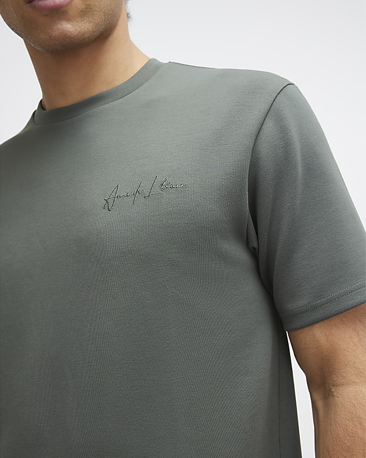 Khaki Slim Fit Embroidered T-Shirt