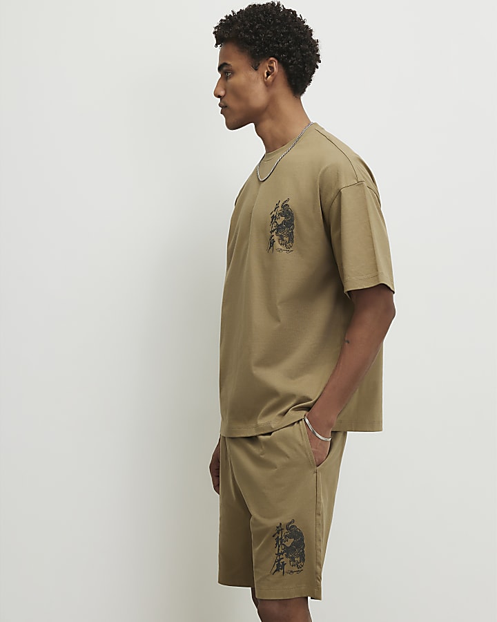 Khaki Japanese T-Shirt And Shorts Set