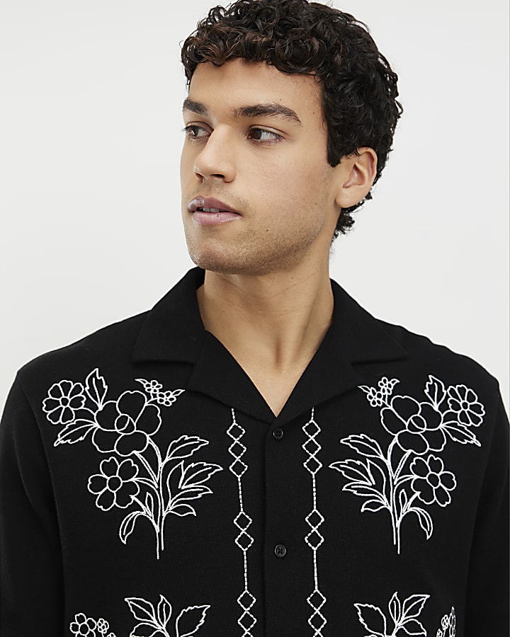 Black Regular Fit Floral Embroidered Shirt