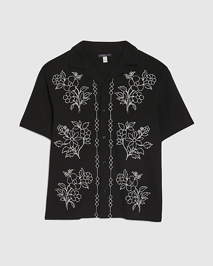 Black Regular Fit Floral Embroidered Shirt
