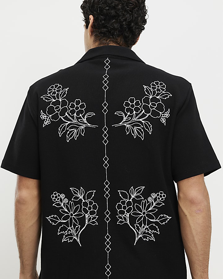 Black Regular Fit Floral Embroidered Shirt