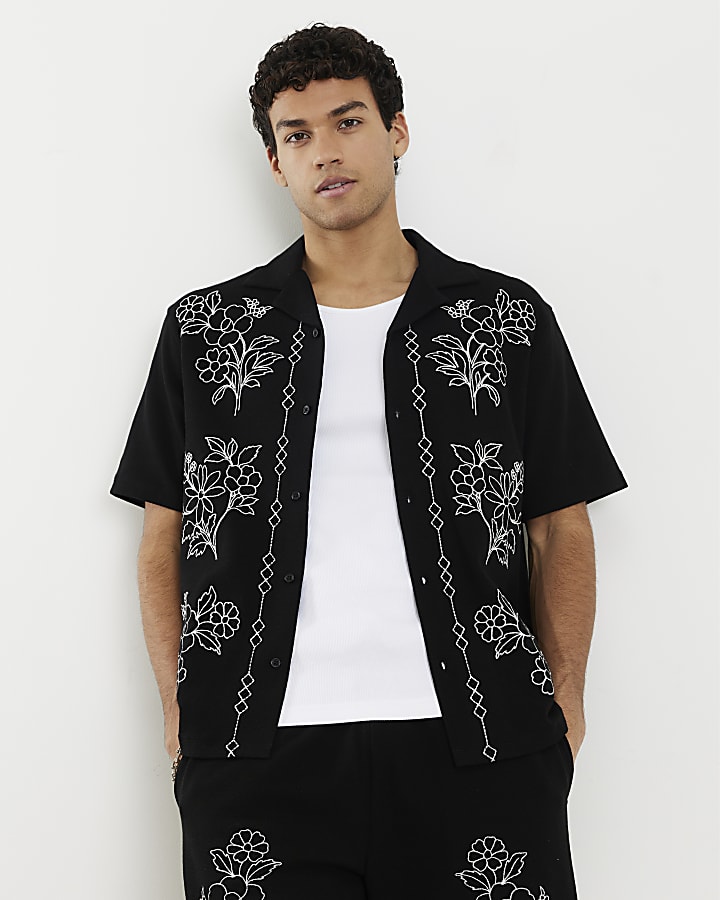 Black Regular Fit Floral Embroidered Shirt