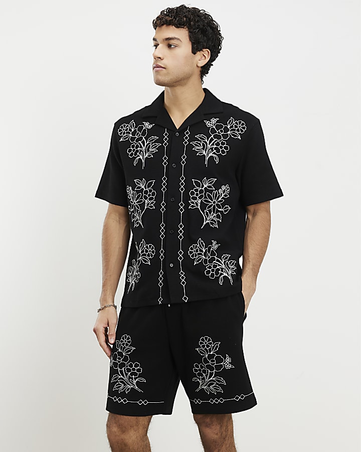 Black Regular Fit Floral Embroidered Shirt