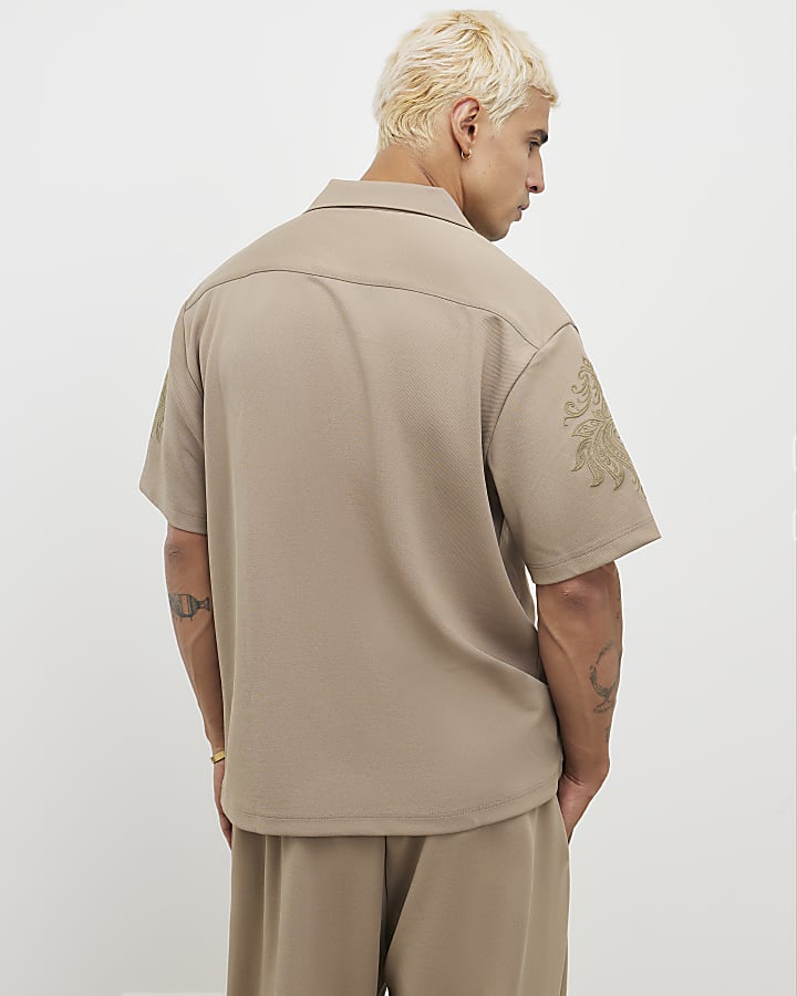 Khaki Regular Fit Paisley Embroidery Shirt