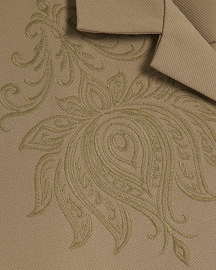 Khaki Regular Fit Paisley Embroidery Shirt