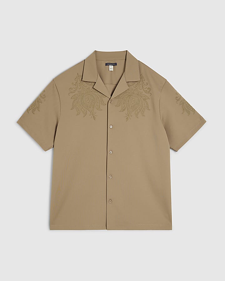 Khaki Regular Fit Paisley Embroidery Shirt