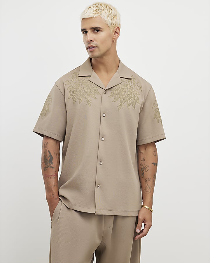 Khaki Regular Fit Paisley Embroidery Shirt