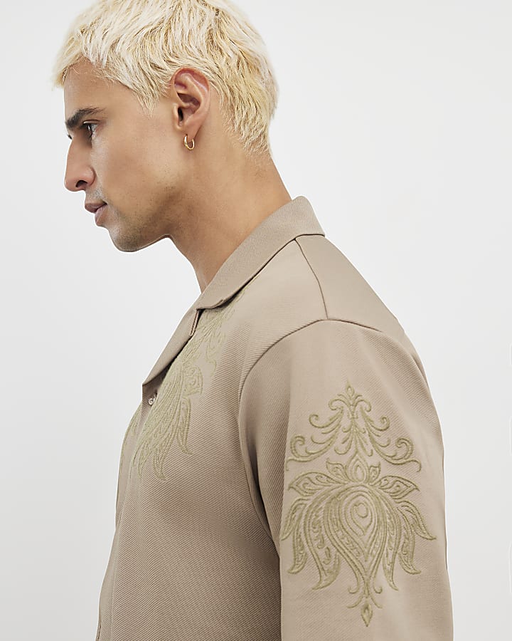Khaki Regular Fit Paisley Embroidery Shirt
