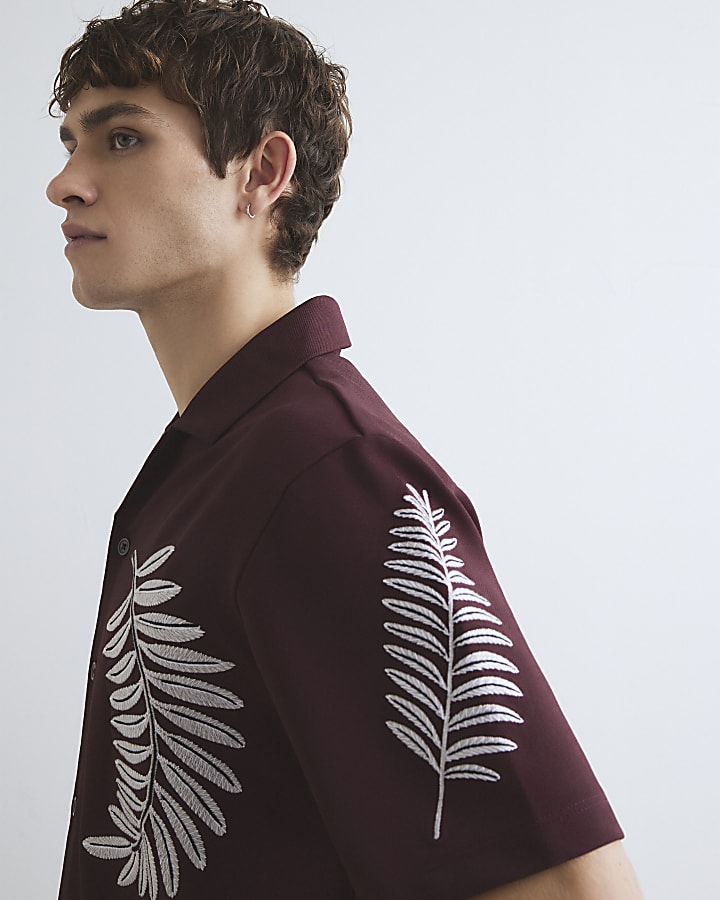 Brown Regular Fit Leaf Embroidered Shirt