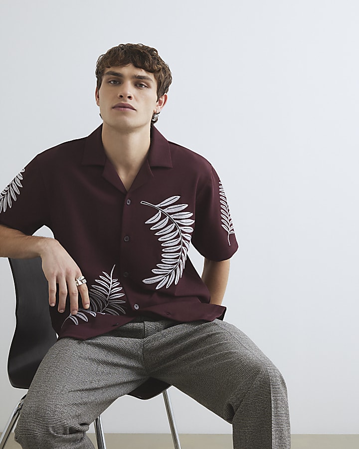 Brown Regular Fit Leaf Embroidered Shirt