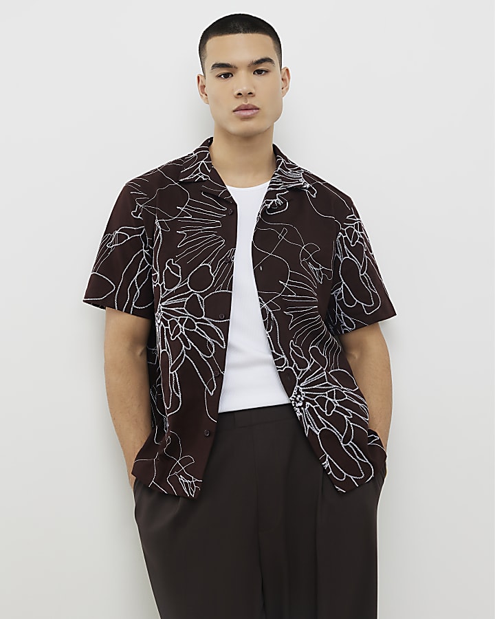 Brown Oversized Fit Floral Rope Print Shirt