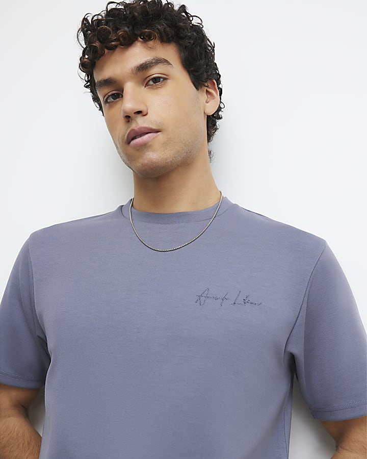 Blue Slim Fit Embroidered T-Shirt
