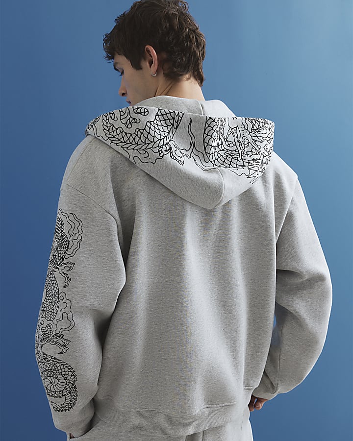 Grey Oversized Fit Japanese Dragon Hoodie