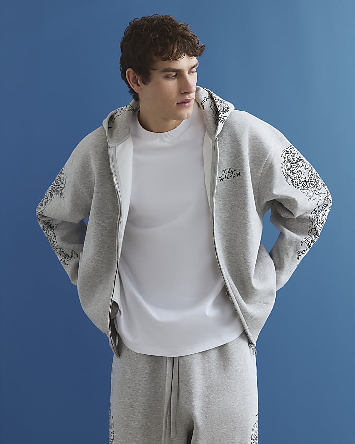 Grey Oversized Fit Japanese Dragon Hoodie