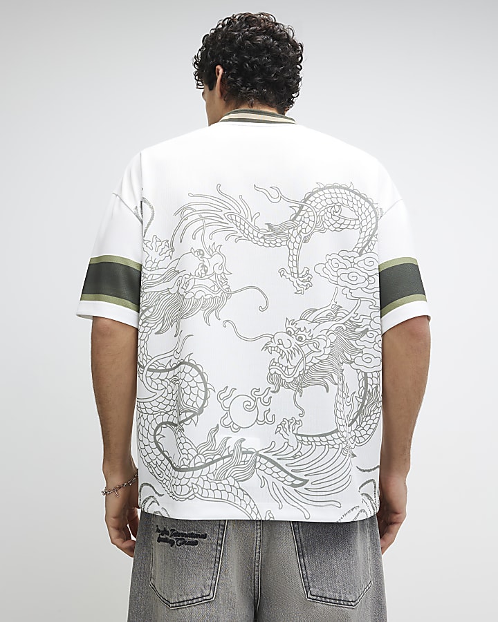 White Oversized Fit Japanese Dragon T-Shirt