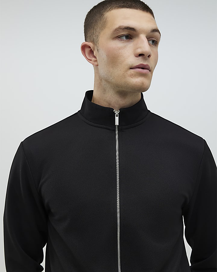 Black Slim Fit Pique Funnel Jacket