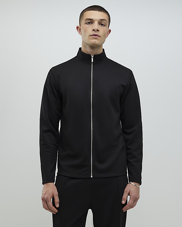 Black Slim Fit Pique Funnel Jacket