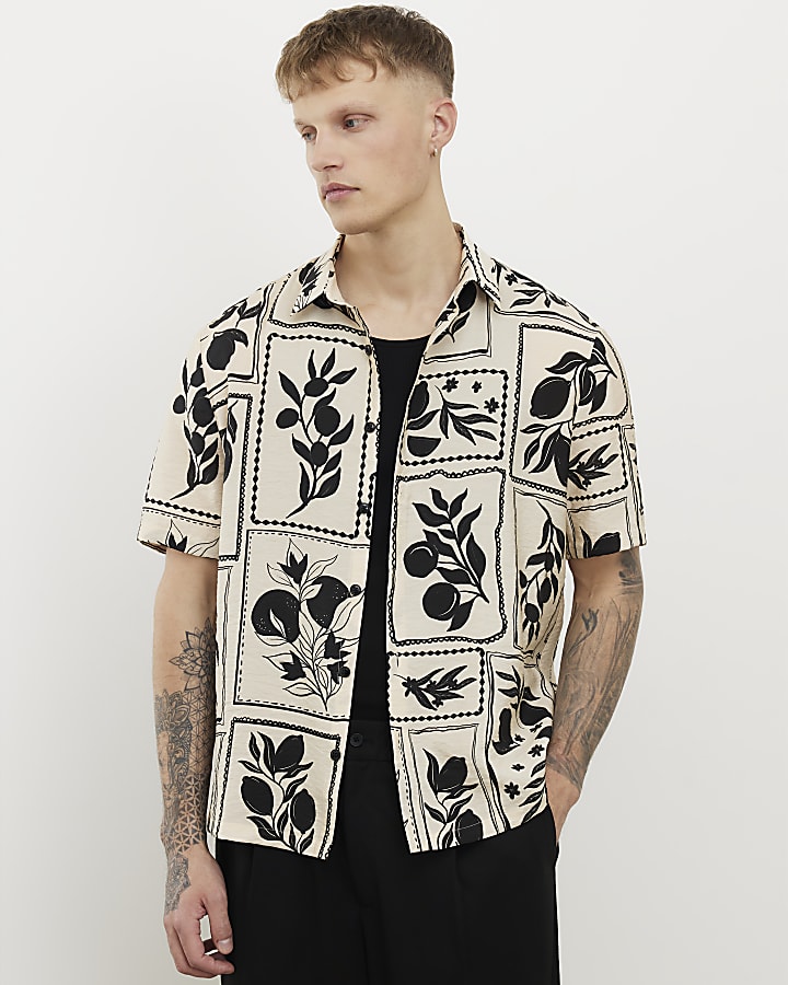 Ecru Regular Fit Tile Print Shirt