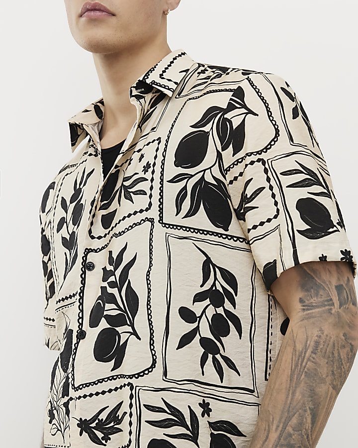 Ecru Regular Fit Tile Print Shirt