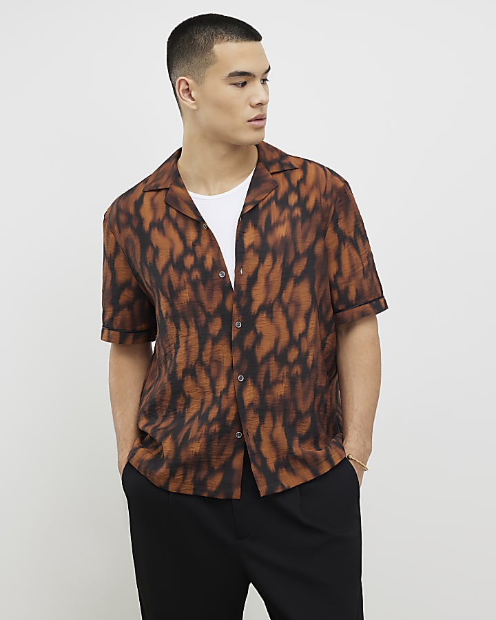 Brown Regular Fit Abstract Animal Print Shirt