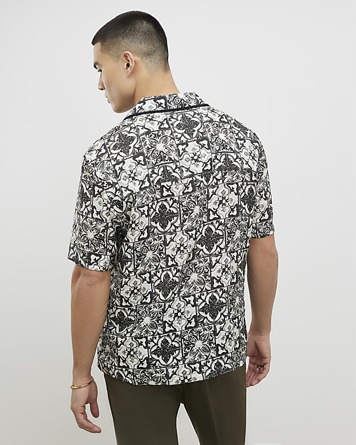 White Regular Fit Baroque Tile Print Shirt