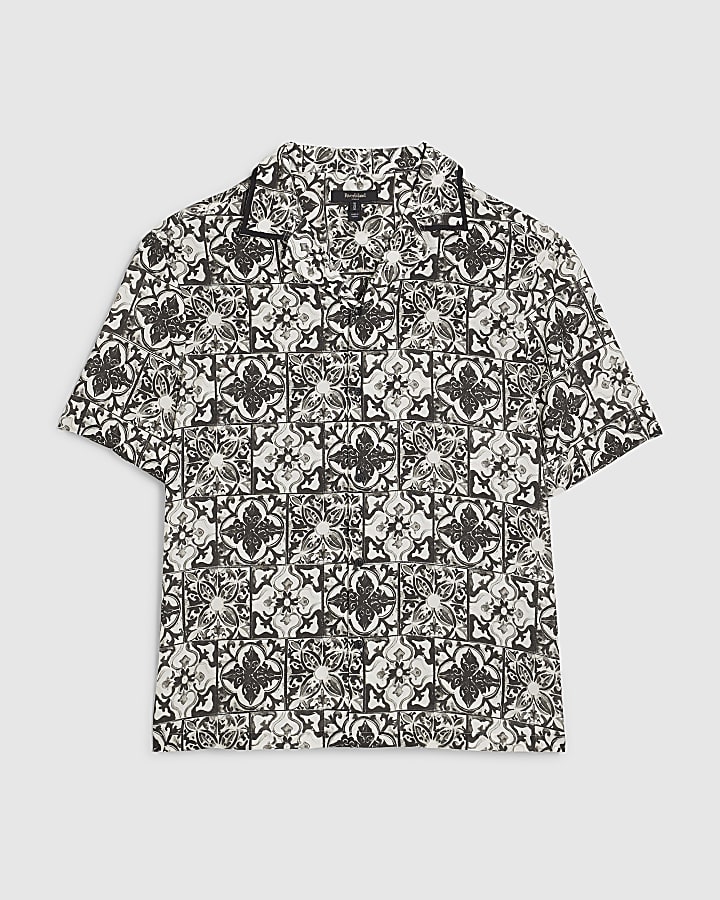 White Regular Fit Baroque Tile Print Shirt