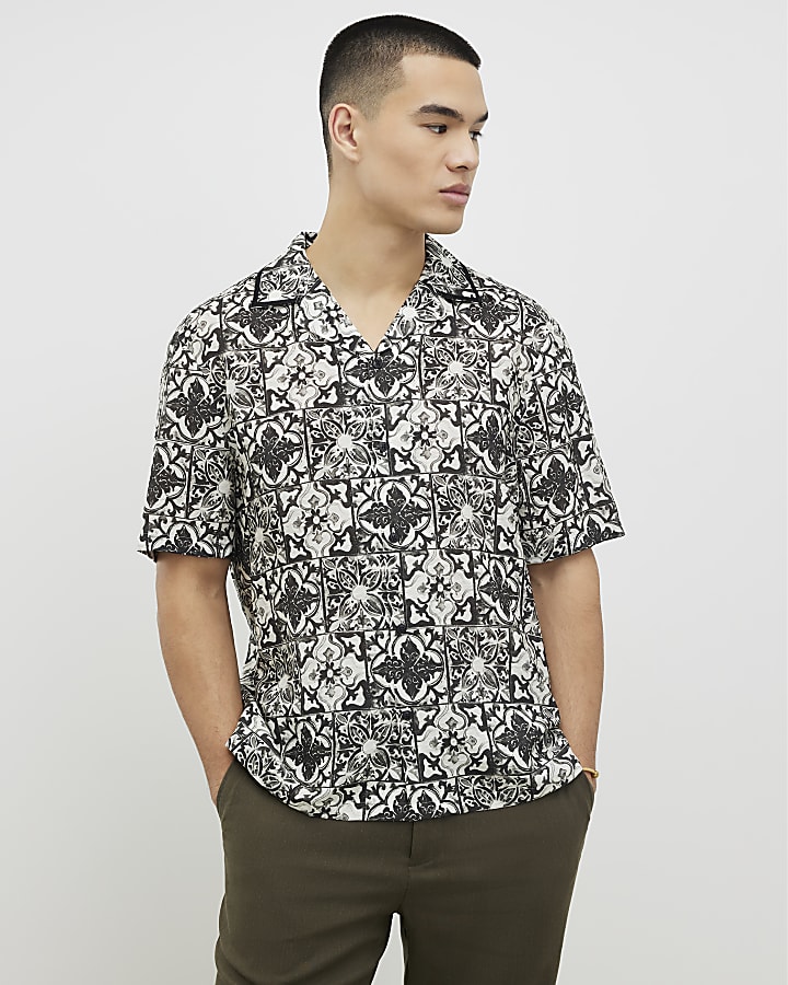 White Regular Fit Baroque Tile Print Shirt