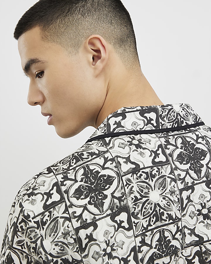 White Regular Fit Baroque Tile Print Shirt