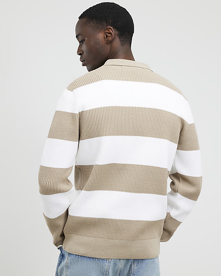Beige Slim Fit Knitted Stripe Cardigan