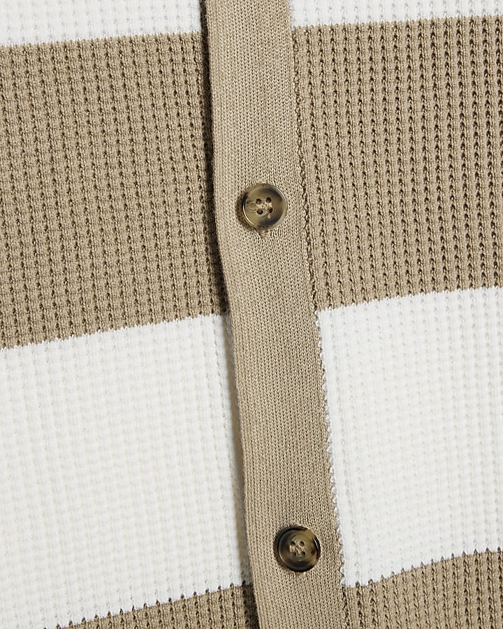 Beige Slim Fit Knitted Stripe Cardigan