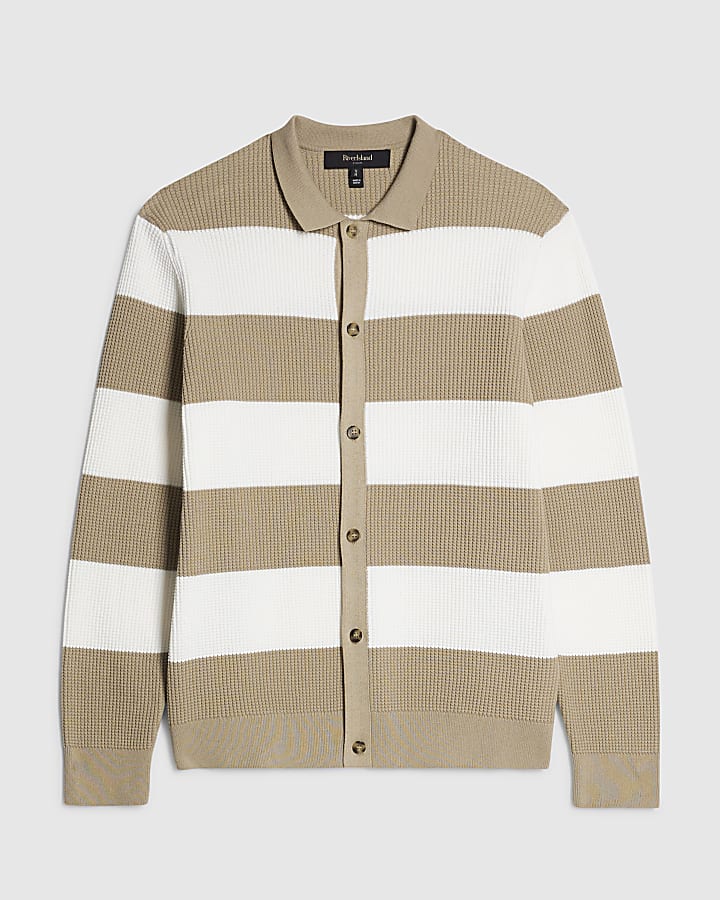Beige Slim Fit Knitted Stripe Cardigan