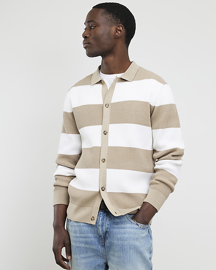 Beige Slim Fit Knitted Stripe Cardigan