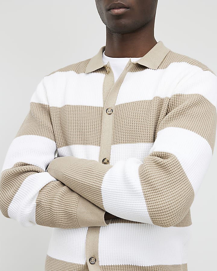 Beige Slim Fit Knitted Stripe Cardigan